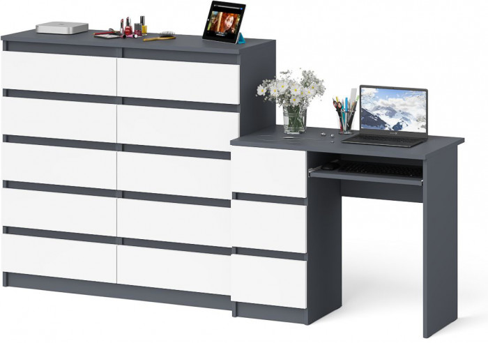 Мори Стол компьютерный МС-6 левый + Комод МК1200.10, цвет графит/белый, ШхГхВ 210,4х50х115 см., выдвижные ящики слева, НЕ универсальная сборка