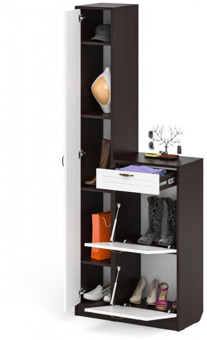 Прихожая П-6 Компоновка № 22, венге/фасады МДФ белое дерево фрезеровка прованс