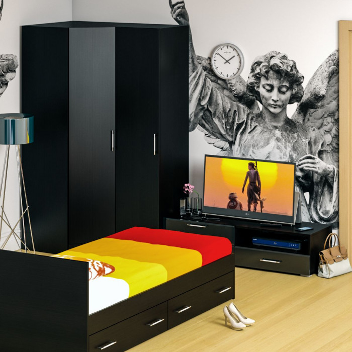 Спальня Стандарт 4-0900Я, венге/фасады ТВ тумбы МДФ чёрный глянец