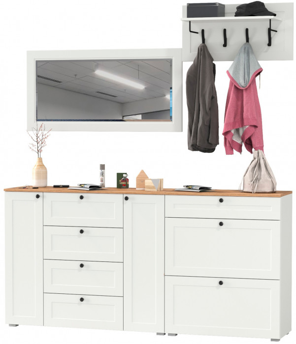 Остин Прихожая 56, цвет белый шагрень/дуб крафт золотой, ШхГхВ 200х54,3х210 см., универсальная сборка