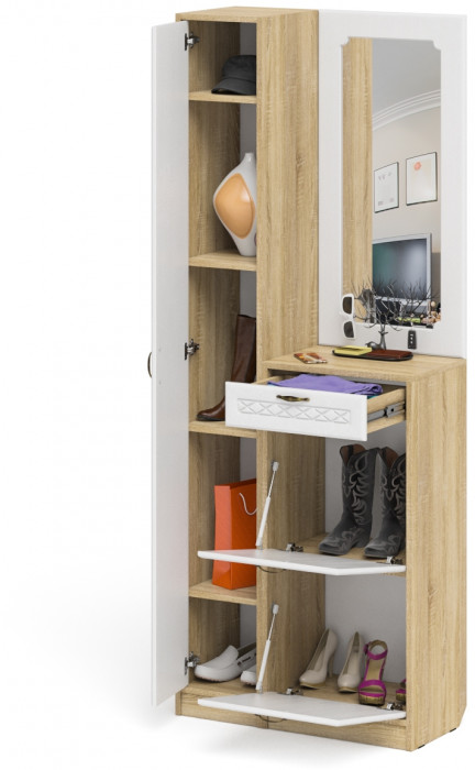 Прихожая П-6 Компоновка № 23, цвет дуб сонома/фасады МДФ белое дерево фрезеровка ромб, ШхГхВ 80х35х210 см., универсальная сборка