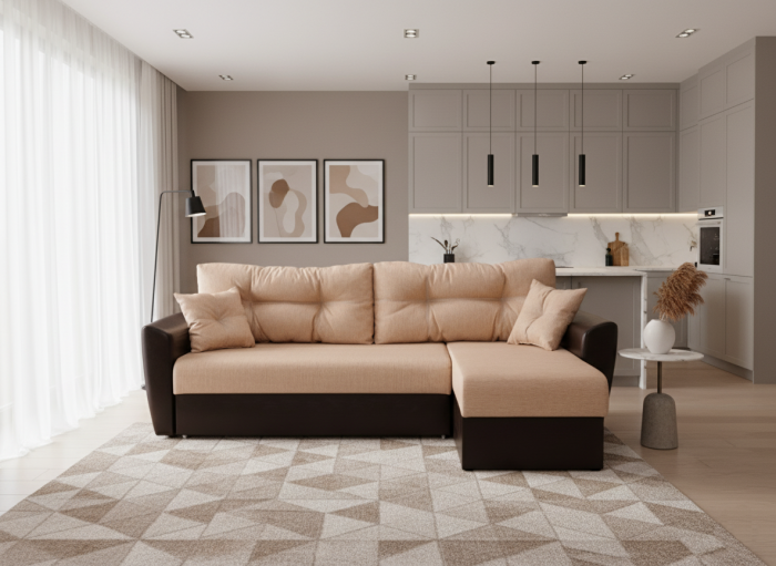 Диван-еврокнижка угловой Амстердам, 150х200, рогожка/экокожа бежево-коричневый