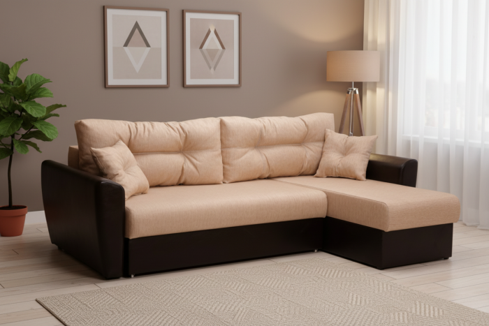 Диван-еврокнижка угловой Амстердам, 150х200, рогожка/экокожа бежево-коричневый