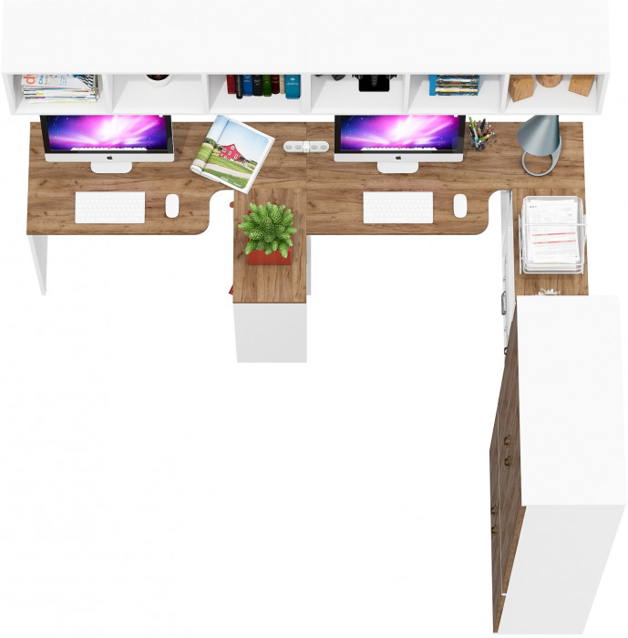 Лидер-8 Стол + Полка + Стол + Полка + Шкаф МД 20Б + Тумба МД 3.19, белый шагрень/крафт золото