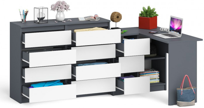 Мори Стол компьютерный МС-16 левый + Комод МК1200.8, цвет графит/белый, ШхГхВ 244,8х84,9х94 см., выдвижные ящики слева, НЕ универсальная сборка