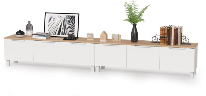 КР100 Тумба под ТВ 13.267.01 + 13.267.01, цвет белый шагрень/дуб сонома, ШхГхВ 276,8х34,9х43,8 см., универсальная сборка