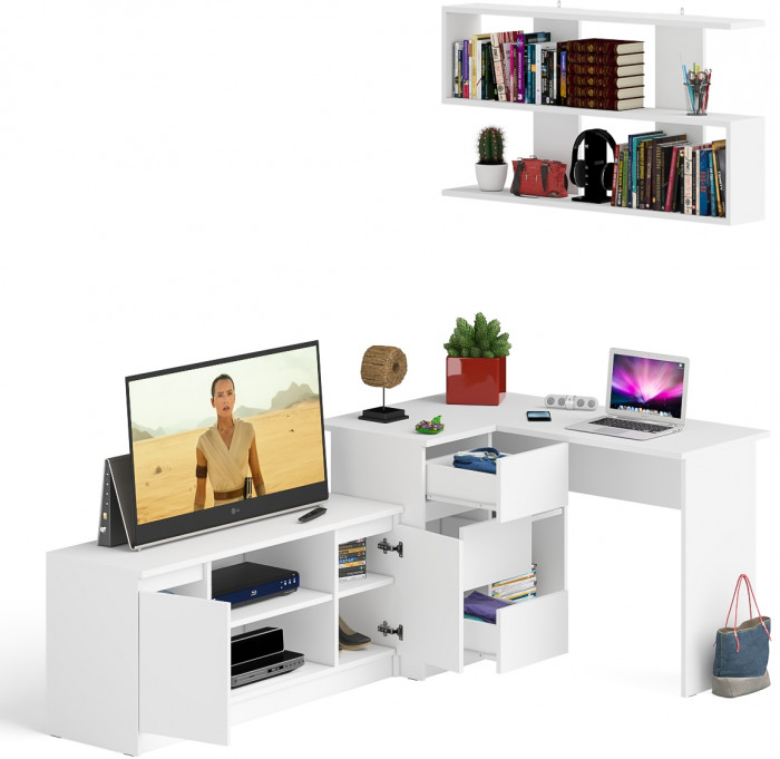 Мори компьютерный стол МС-16 левый + Тумба МТВ1200.1 + Полка 1200, белый