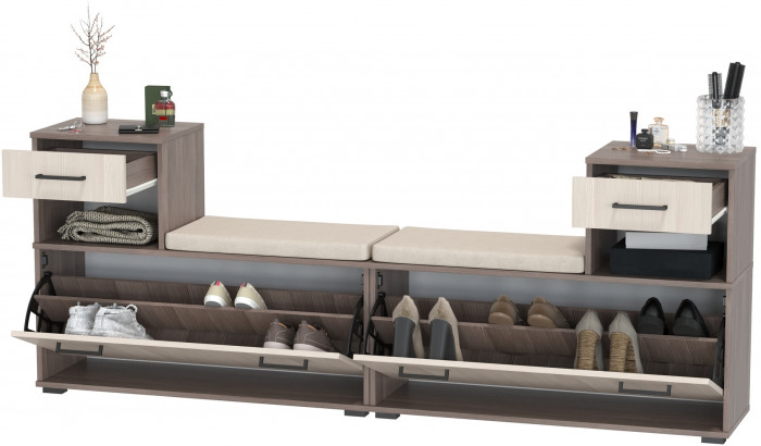 Лира ГК 2-0714+2-0714бод.тем/св Тумба под обувь, цвет бодега тёмный/бодега светлый, ШхГхВ 200х33х75,5 см., универсальная сборка