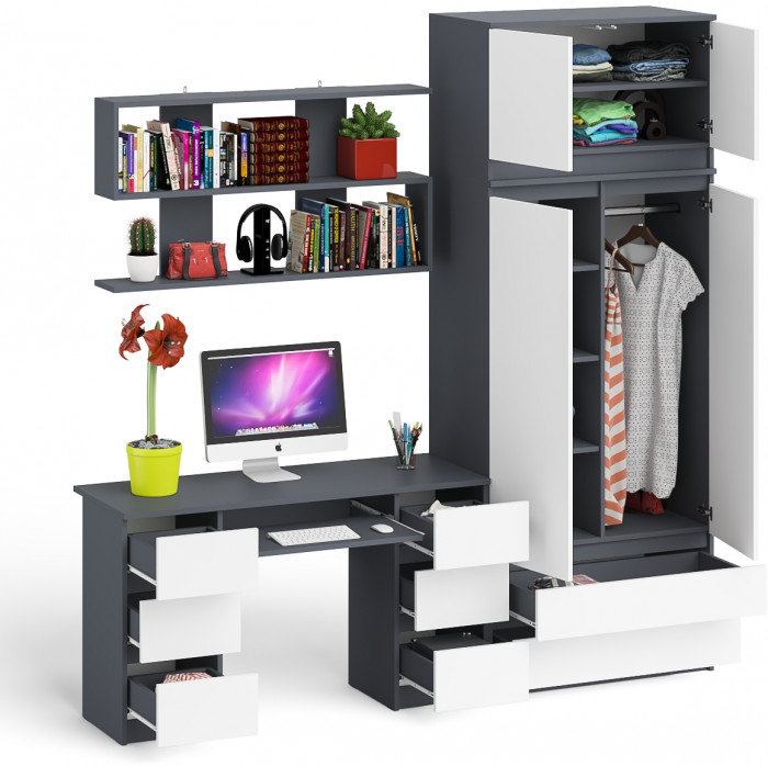 Мори компьютерный стол МС-2 + Шкаф МШ900.1 + Антресоль МА900.1 + Полка 1200, графит/белый