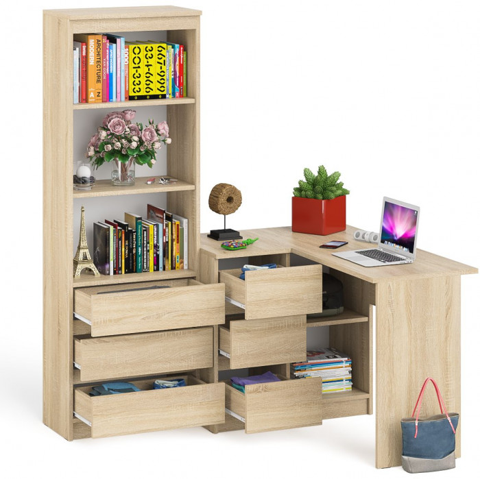 Мори Стол компьютерный МС-16 левый + Стеллаж МСТ600.3, цвет дуб сонома, ШхГхВ 184,8х84,9х179,6 см., выдвижные ящики слева, НЕ универсальная сборка