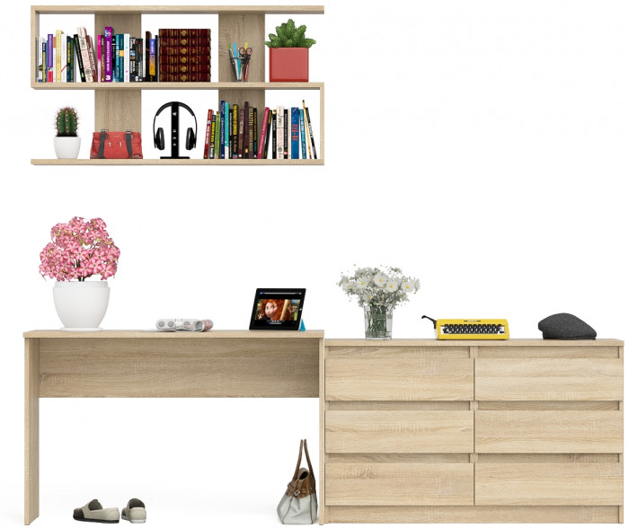 Мори Стол письменный МСП1200.1 + Комод МК1200.6 + Полка 1200, цвет дуб сонома, ШхГхВ 240,8х50х209,6 см., универсальная сборка