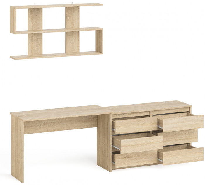 Мори Стол письменный МСП1200.1 + Комод МК1200.6 + Полка 1200, цвет дуб сонома, ШхГхВ 240,8х50х209,6 см., универсальная сборка