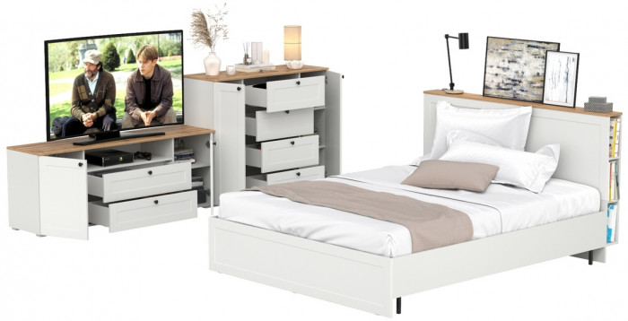 Остин 11.53 Кровать + ортопед + 16.47 Тумба под ТВ + 16.221 Комод, белый шагрень/дуб крафт золотой