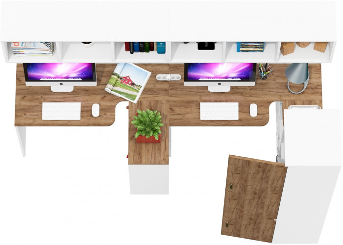 Лидер-8 Стол + Полка + Стол + Полка + Пенал МД 22Б, цвет белый шагрень/крафт золото, ШхГхВ 370х50/37,5х75/190 или 230х120/50х75/190 см., НЕ ун. сборка