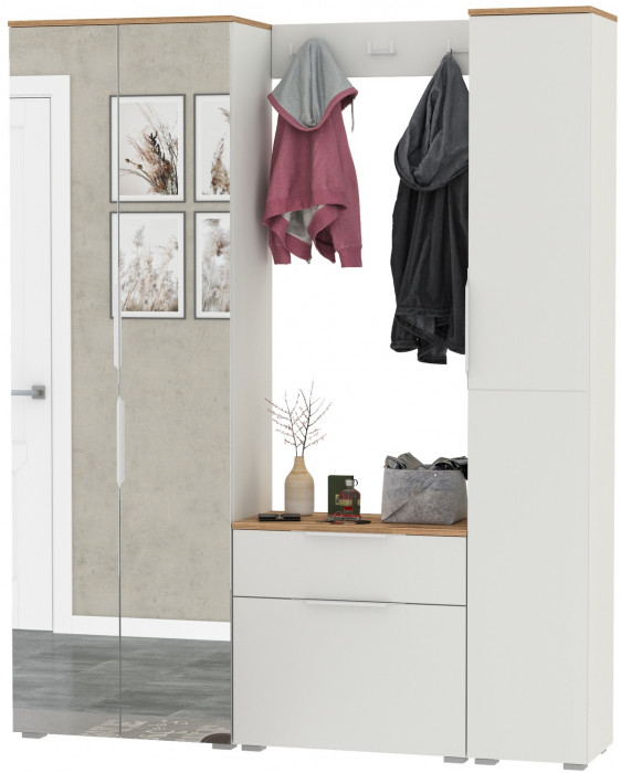 Октава Прихожая 23, цвет белый шагрень/дуб крафт золотой/фасады МДФ белый шагрень, ШхГхВ 161,5х35,4х197,6 см., универсальная сборка