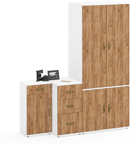 Лидер-8 Шкаф МД 19Б + Тумба МД 3.15 + Тумба МД 3.16, белый шагрень/крафт золото