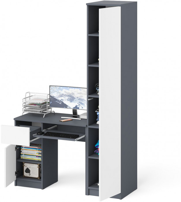 Мори компьютерный стол МС-1 левый + Пенал МШ400.1, графит/белый