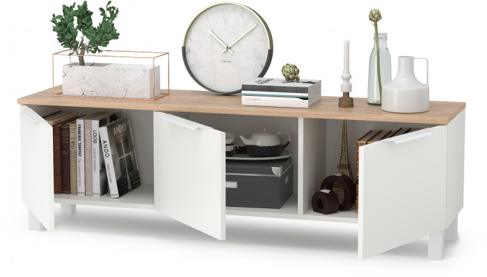 КР100 Тумба под ТВ 13.267.01, цвет белый шагрень/дуб сонома, ШхГхВ 138,4х34,9х43,8 см., универсальная сборка (100)