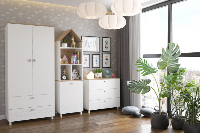 Эйп 13.334 Шкаф для одежды + 13.322 Комод + 13.14 Стеллаж, цвет белый/дуб белый, ШхГхВ 223х51,1х183,8 см., универсальная сборка