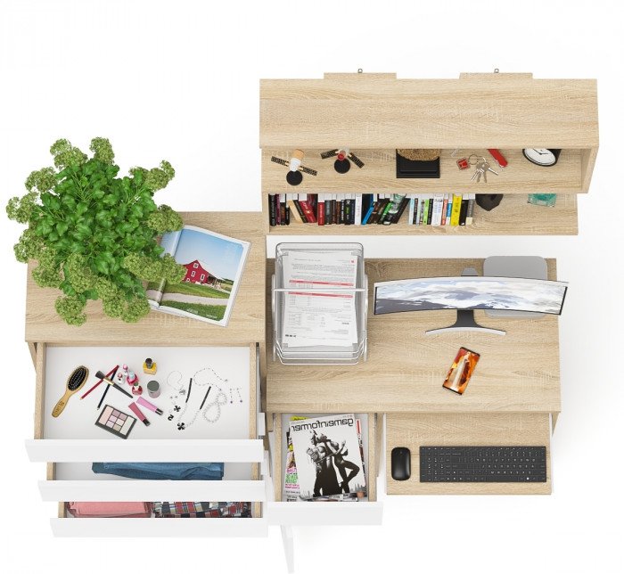 Мори Стол компьютерный МС-1 левый + Комод МК700.5 + Полка 900, цвет дуб сонома/белый, ШхГхВ 160,4х50х209,6 см., НЕ универсальная сборка