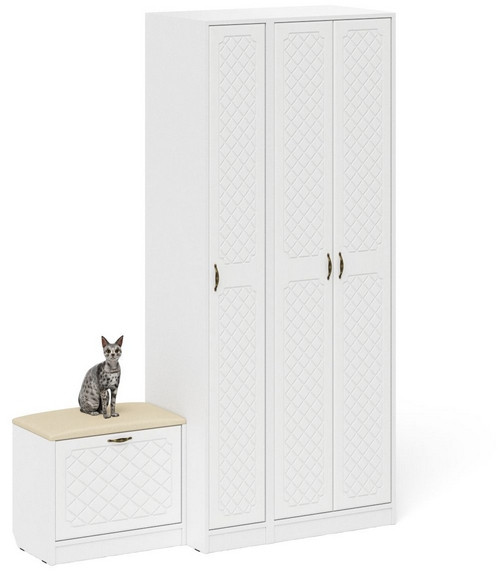 Прихожая П-6 Компоновка № 45, цвет белая шагрень/фасады МДФ белое дерево фрезеровка ромб, ШхГхВ 150х50х210 см., универсальная сборка