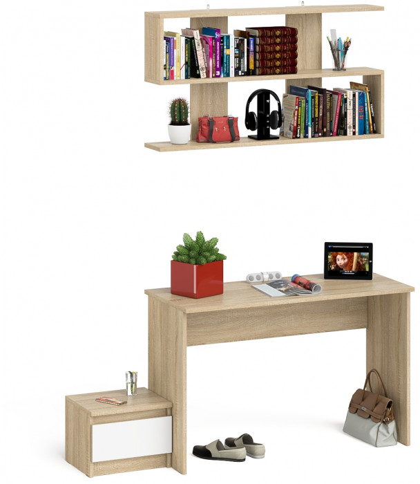 Мори письменный стол МСП1200.1 + Тумба ТМП400.1 + Полка 1200, дуб сонома/белый