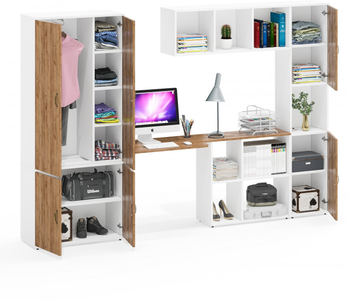 Лидер-8 Шкаф МД 20Б + Стол + Полка + Пенал, цвет белый шагрень/крафт золото, ШхГхВ 285х50/30х75/190 или 195х120х75/190 см., НЕ ун.сб.