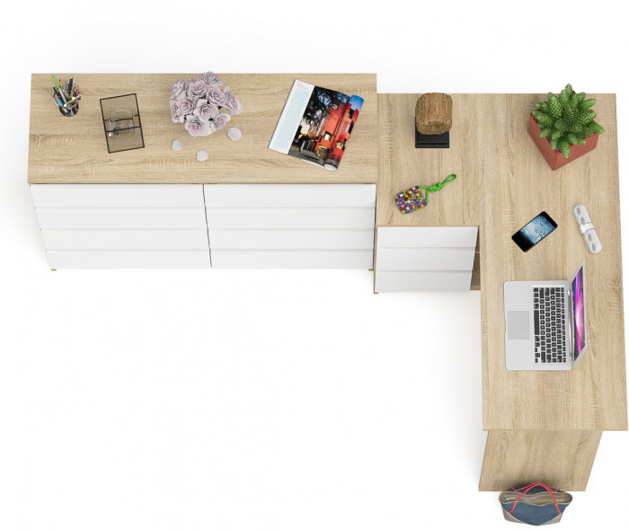 Мори Стол компьютерный МС-16 левый + Комод МК1200.8, цвет дуб сонома/белый, ШхГхВ 244,8х84,9х94 см., выдвижные ящики слев, НЕ универсальная сборкаа