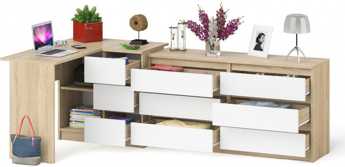 Мори компьютерный стол МС-16 правый + Комод МК1380.6, дуб сонома/белый