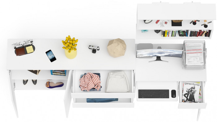 Мори Стол компьютерный МС-1 правый + Комод МК1600.1 + Полка 900, цвет белый, ШхГхВ 250,4х50х209,6 см., НЕ универсальная сборка