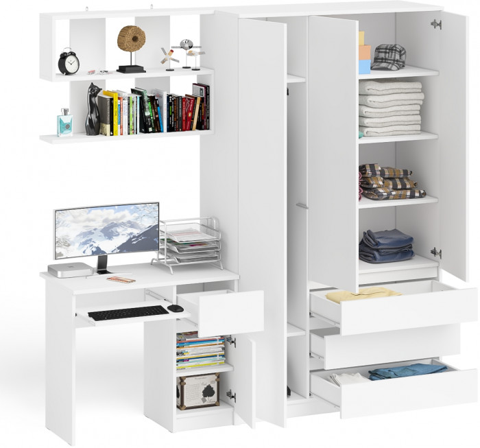 Мори Стол компьютерный МС-1 правый + Шкаф МШ1200.1 + Полка 900, цвет белый, ШхГхВ 210,4х50,4х209,6 см., НЕ универсальная сборка
