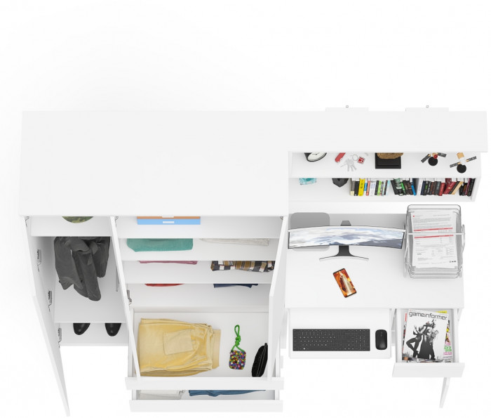 Мори Стол компьютерный МС-1 правый + Шкаф МШ1200.1 + Полка 900, цвет белый, ШхГхВ 210,4х50,4х209,6 см., НЕ универсальная сборка