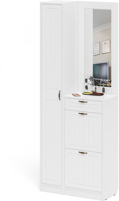 Прихожая П-6 Компоновка № 23, белая шагрень/фасады МДФ белое дерево фрезеровка прованс