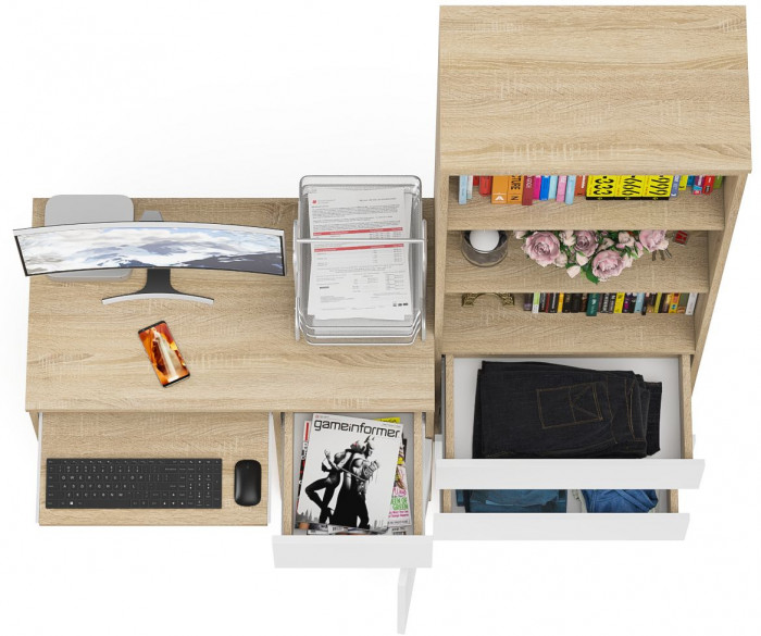 Мори компьютерный стол МС-1 правый + Стеллаж МСТ600.3, дуб сонома/белый