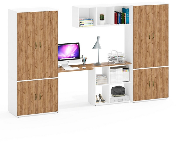 Лидер-8 Шкаф МД 20Б + Стол + Полка + Шкаф МД 19Б, цвет белый шагрень/крафт золото, ШхГхВ 325х50/37,5х75/190 или 115х240/50х75/190 см., НЕ ун.сб.