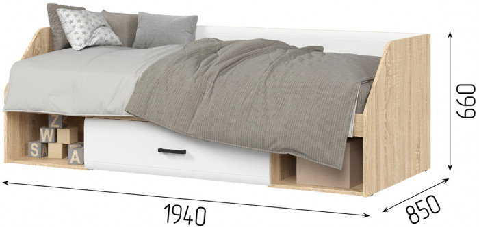 ЛИБЕРТИ КР 03 Кровать одноярусная (1940х660х850) Фасад МДФ БЕЛЫЙ ГЛЯНЕЦ/Корпус ДУБ СОНОМА