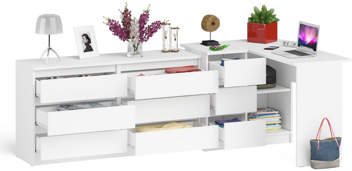 Мори Стол компьютерный МС-16 левый + Комод МК1380.6, цвет белый, ШхГхВ 262,4х84,9х76,6 см., выдвижные ящики слева, НЕ универсальная сборка