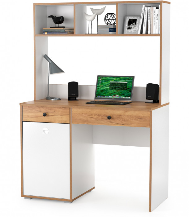 Вуди письменный стол 12.42 + Надстройка на стол 13.161, белый премиум/дуб крафт золотой
