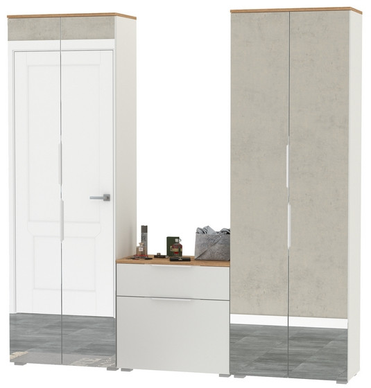 Октава Прихожая 24, цвет белый шагрень/дуб крафт золотой/фасады МДФ белый шагрень, ШхГхВ 193,7х35,4х197,6 см., универсальная сборка