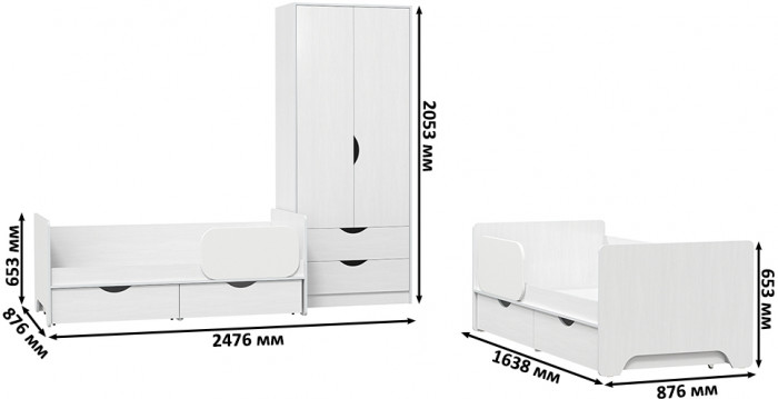 КР100 Уна 11.22 Две кровати с ящиками + 13.327 Шкаф для одежды, цвет белый(структура Поры дерева), сп. м. 2х800х1600 мм., б/м, основание есть