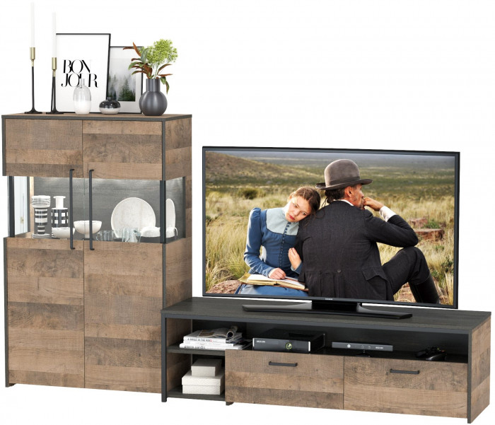 Трувор 13.70 Тумба под ТВ + 13.306 Комод с витриной, цвет дуб гранж песочный/интра, ШхГхВ 235,6х45,4х135,3 см., универсальная сборка