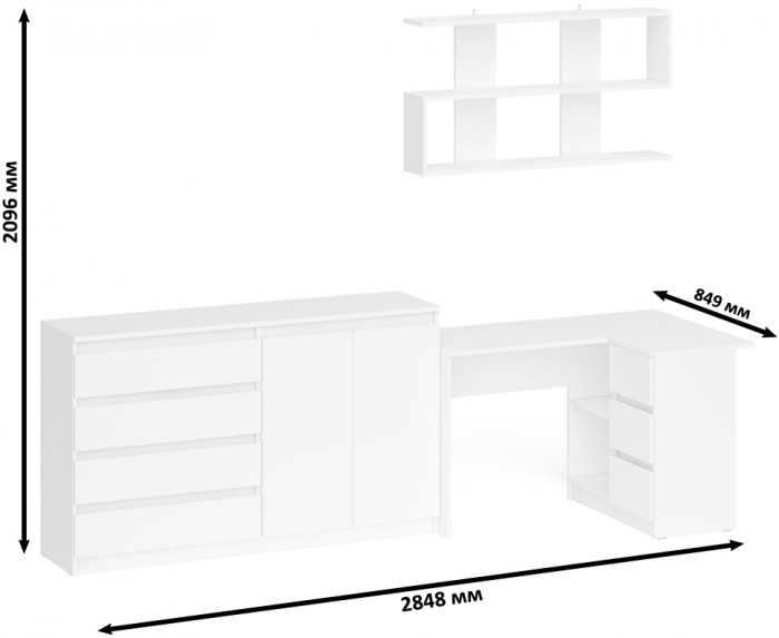 Мори компьютерный стол МС-16 правый + Комод МК1600.1 + Полка 1200, белый