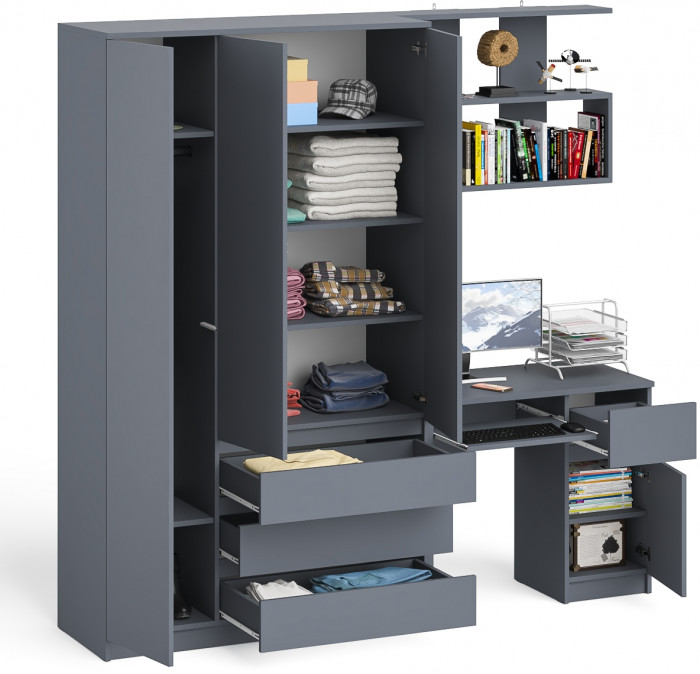 Мори Стол компьютерный МС-1 правый + Шкаф МШ1200.1 + Полка 900, цвет графит, ШхГхВ 210,4х50,4х209,6 см., НЕ универсальная сборка