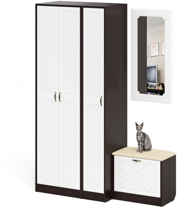 Прихожая П-6 Компоновка № 46, цвет венге/фасады МДФ белое дерево фрезеровка ромб, ШхГхВ 150х50х210 см., универсальная сборка