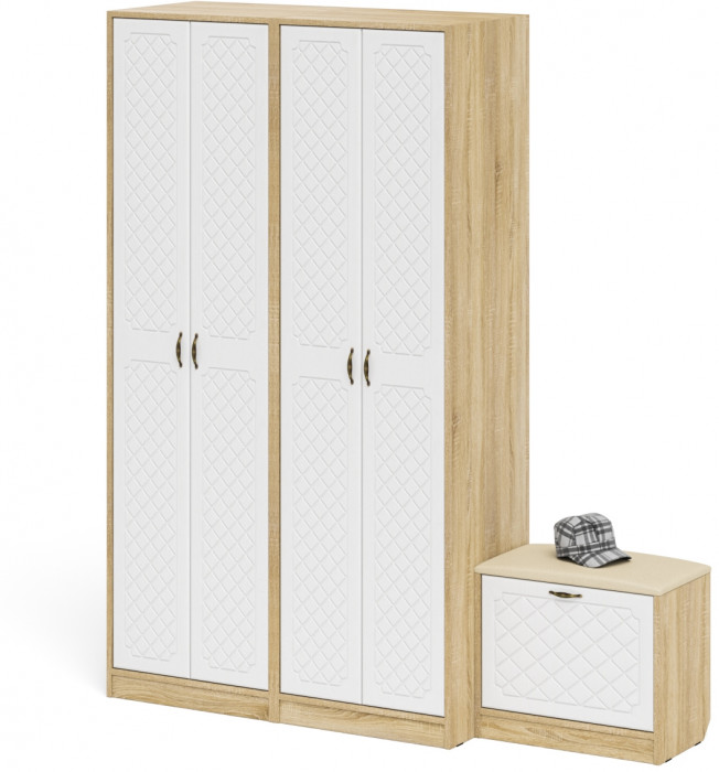 Прихожая П-6 Компоновка № 07, цвет дуб сонома/фасады МДФ белое дерево фрезеровка ромб, ШхГхВ 180х50х210 см., универсальная сборка