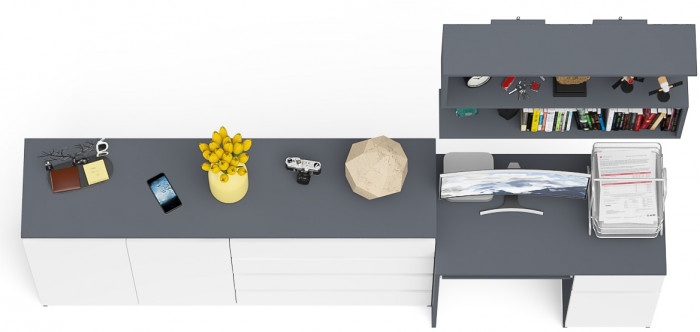 Мори Стол компьютерный МС-1 правый + Комод МК1600.1 + Полка 900, цвет графит/белый, ШхГхВ 250,4х50х209,6 см., НЕ универсальная сборка