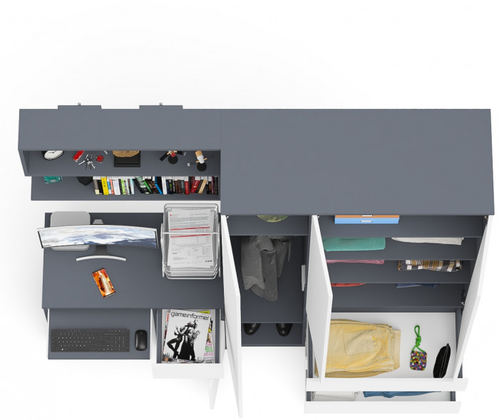 Мори Стол компьютерный МС-1 правый + Шкаф МШ1200.1 + Полка 900, цвет графит/белый, ШхГхВ 210,4х50,4х209,6 см., НЕ универсальная сборка