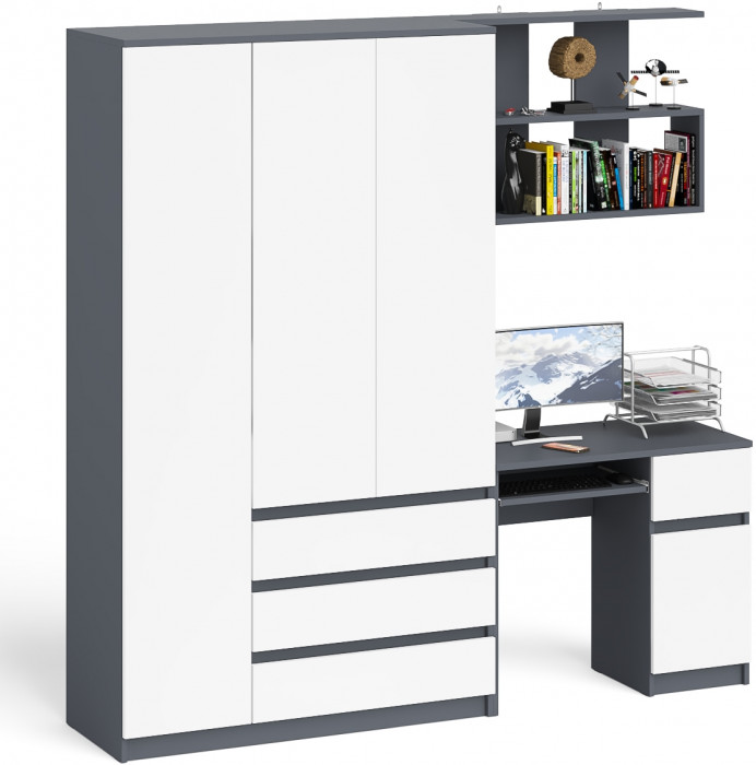Мори Стол компьютерный МС-1 правый + Шкаф МШ1200.1 + Полка 900, цвет графит/белый, ШхГхВ 210,4х50,4х209,6 см., НЕ универсальная сборка