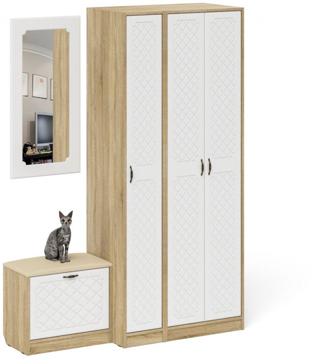 Прихожая П-6 Компоновка № 46, цвет дуб сонома/фасады МДФ белое дерево фрезеровка ромб, ШхГхВ 150х50х210 см., универсальная сборка