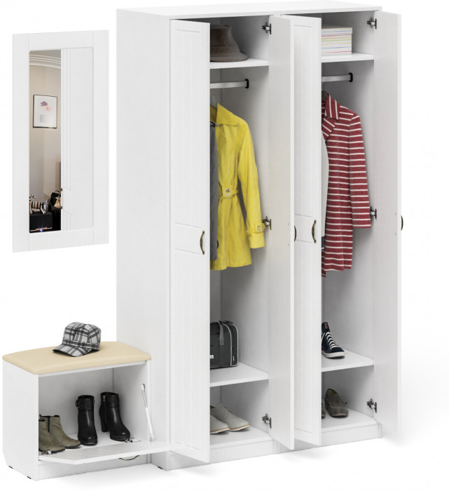 Прихожая П-6 Компоновка № 08, цвет белая шагрень/фасады МДФ белое дерево фрезеровка прованс, ШхГхВ 180х50х210 см., универсальная сборка